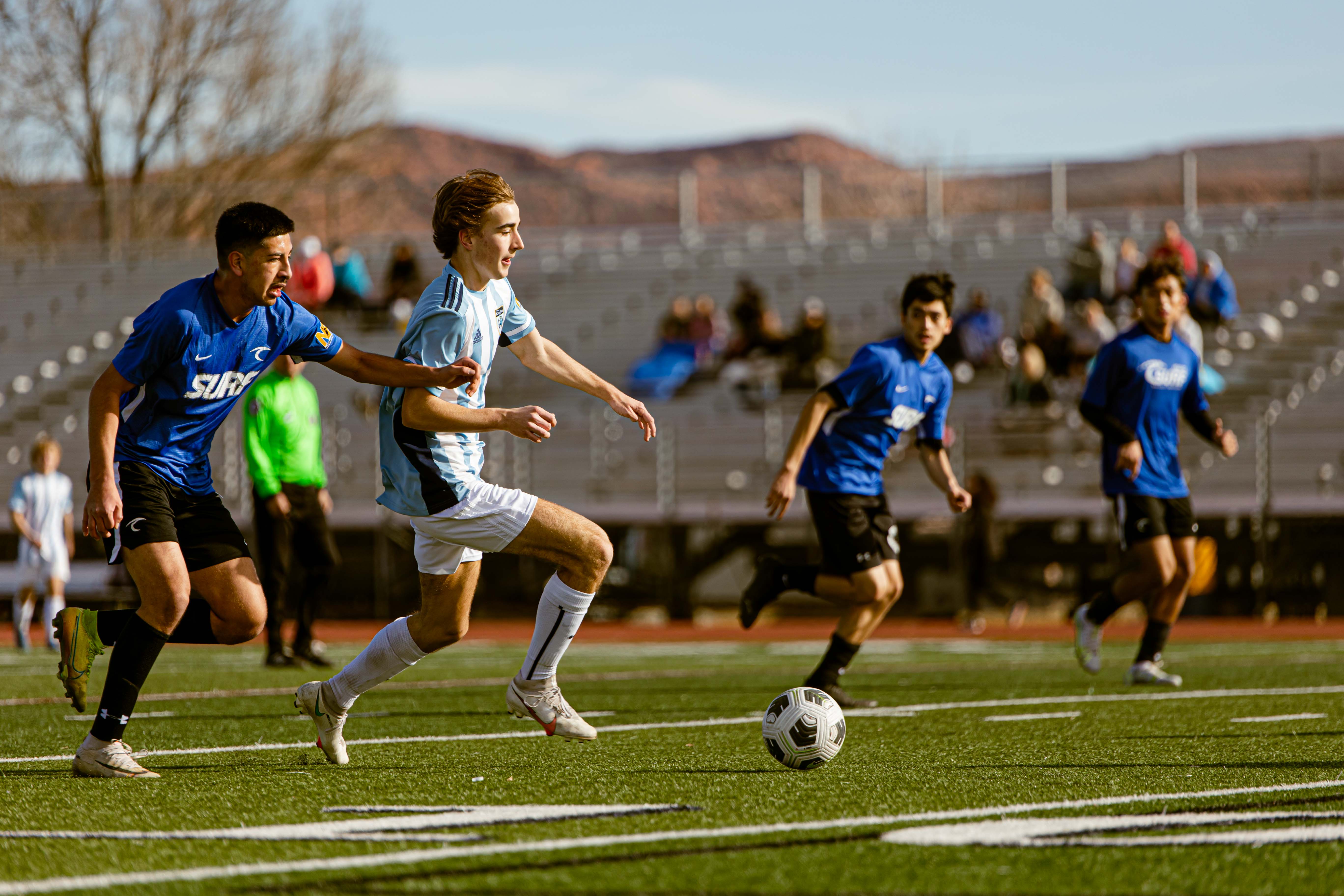 players at a college soccer showcase